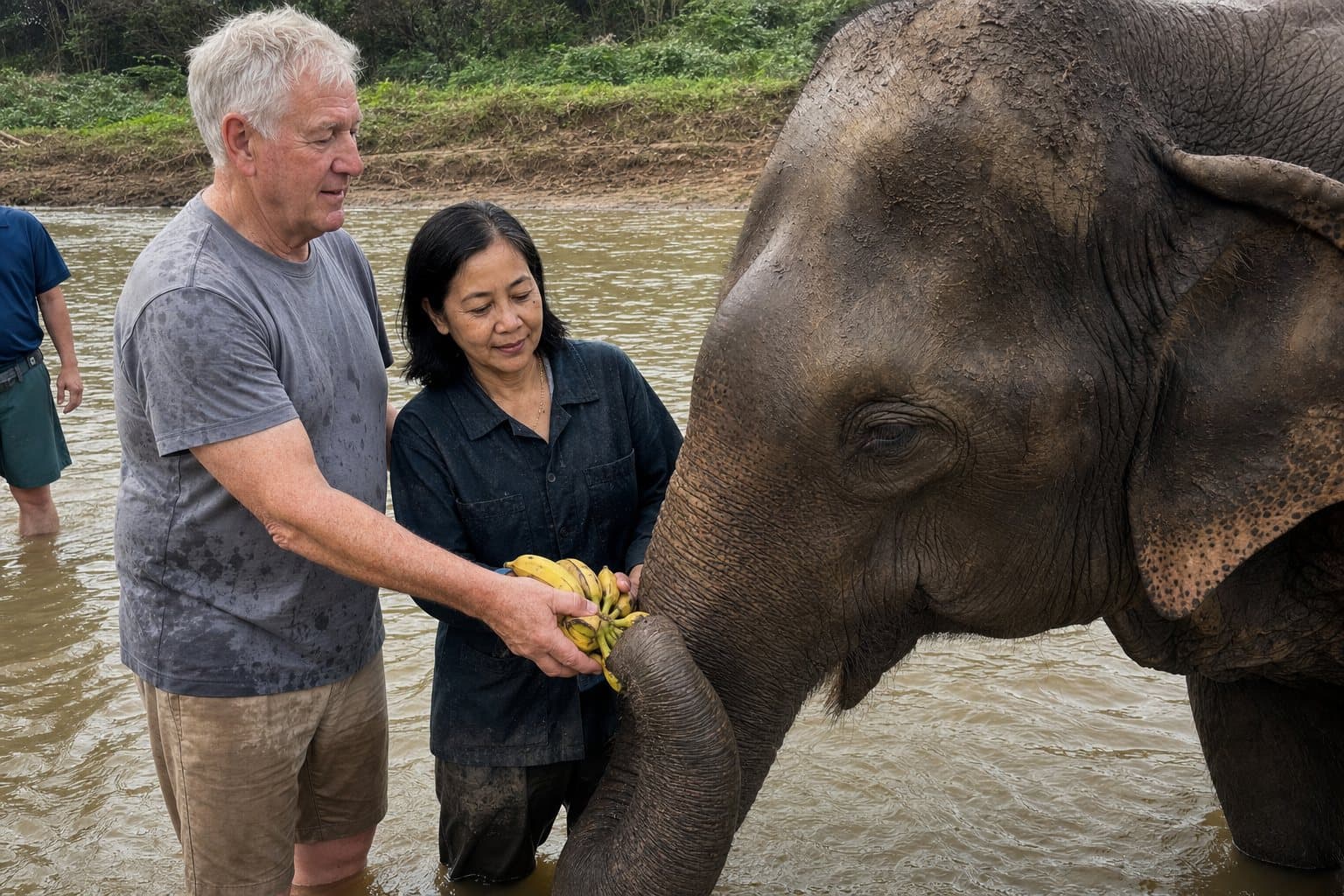 Tim and Nok feeding an elephant at a sanctuary